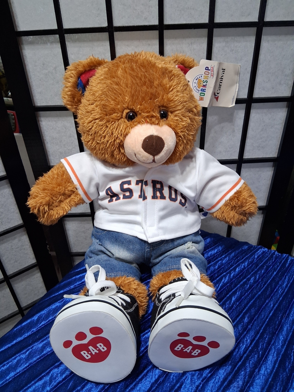 Brown Plush Bear in White Astros Jersey and Blue Jeans - Kids Stuffed Animal
